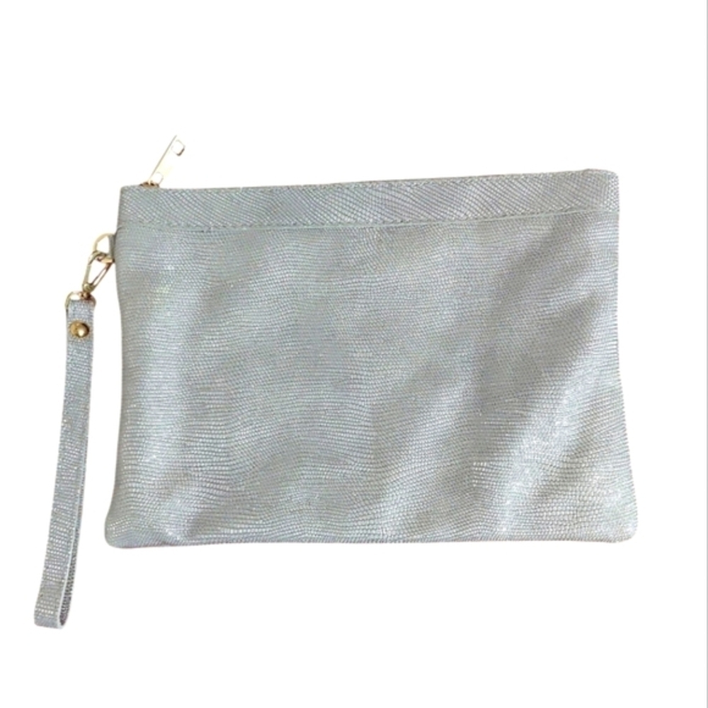 Metallic Laura Di Maggio Silver Snakeskin Iridescent Leather Clutch